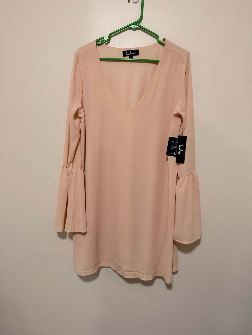 NWT Lulus Far Wanderings Peach Long Sleeve Bell Sleeve V-Neck Shift Dress
